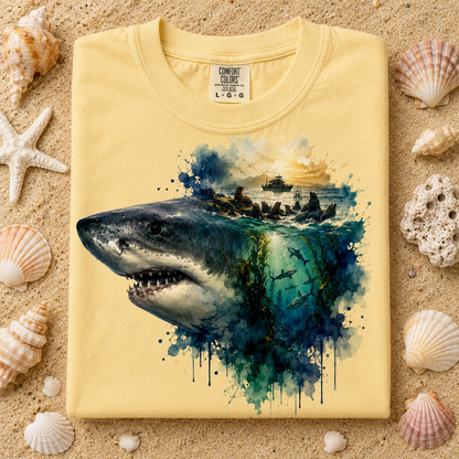 A folded butter colored T-shirt laid flat on sand, surrounded by seashells and coral. The shirt has a large watercolor-style shark graphic in blue, teal, and gray, with a small boat scene near the top of the print.