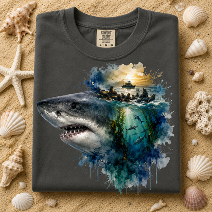A granite colored t-shirt with a detailed graphic of a great white shark and a sunset scene, laid flat on a sandy background surrounded by seashells. The shirt brand label reads Comfort Colors.