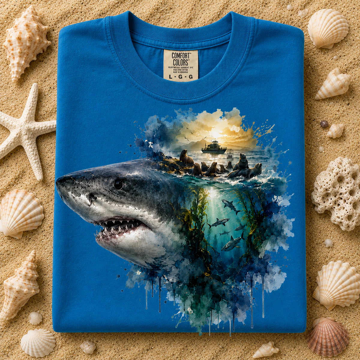 A folded sapphirecolored t-shirt with a detailed shark graphic print, styled on a sandy background surrounded by seashells. The shirt features a shark swimming over water with a ship and sunset in the water, with 'Comfort Colors' visible on the inner neck label.