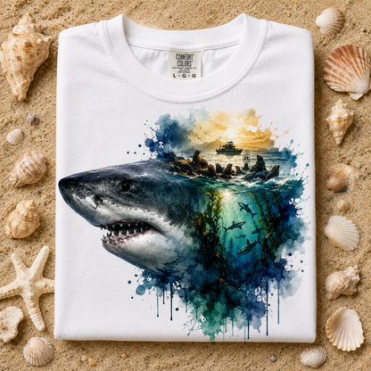 A white Comfort Colors t-shirt laid flat on a sandy background, surrounded by seashells. The shirt features a graphic print of a great white shark in water with a sunset scene and a ship in the background.