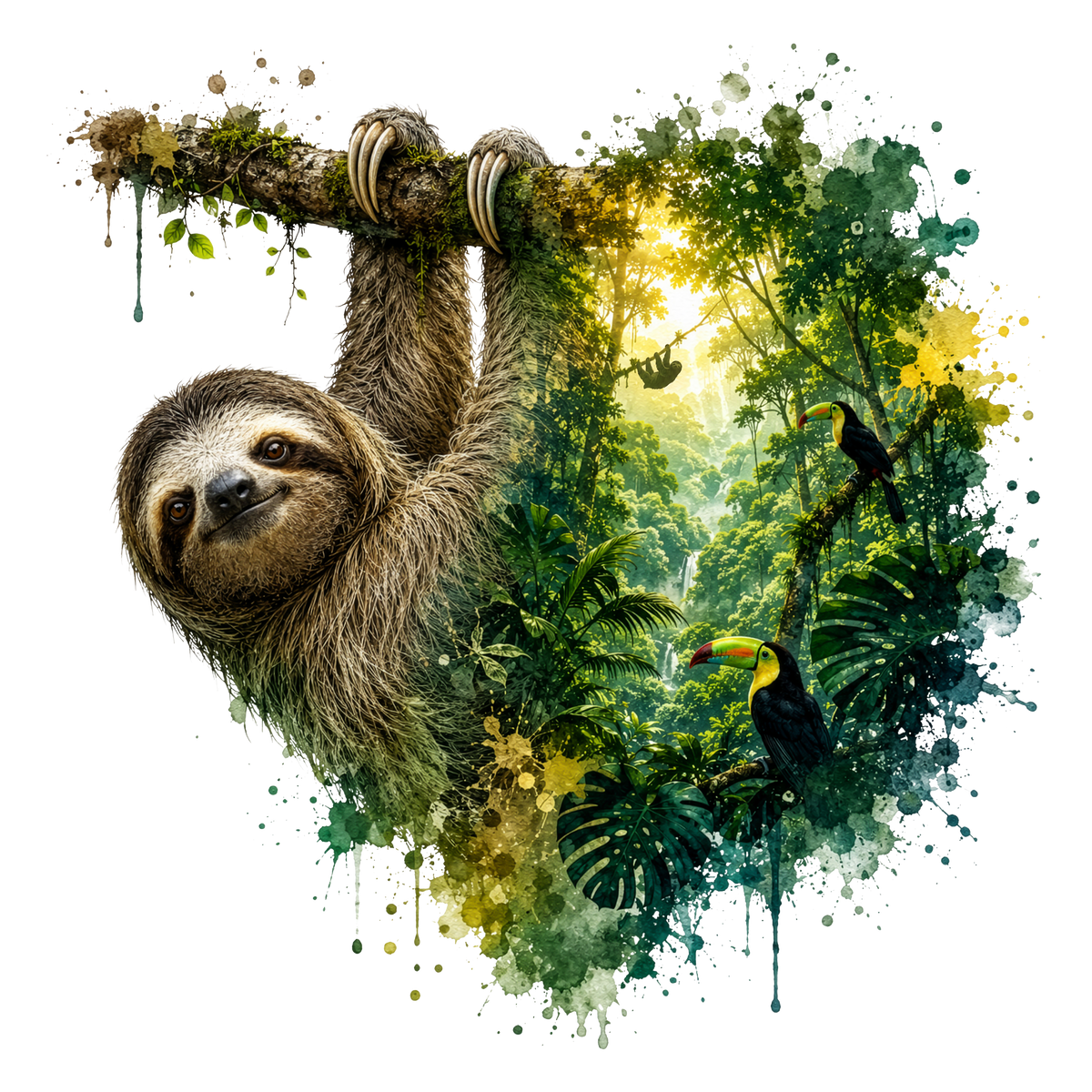 A stylized jungle scene with a sloth hanging from a branch, framed by colorful watercolor splashes and tropical foliage, on a black background.