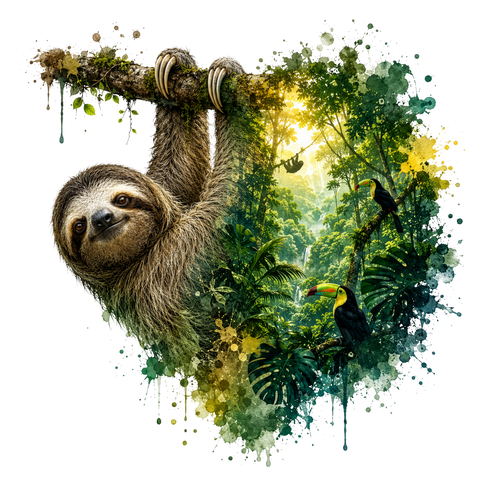A stylized jungle scene with a sloth hanging from a branch, framed by colorful watercolor splashes and tropical foliage, on a black background.