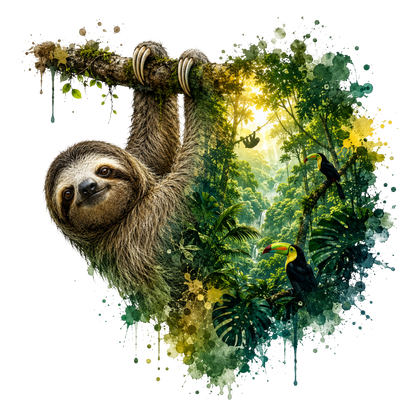 A stylized jungle scene with a sloth hanging from a branch, framed by colorful watercolor splashes and tropical foliage, on a black background.