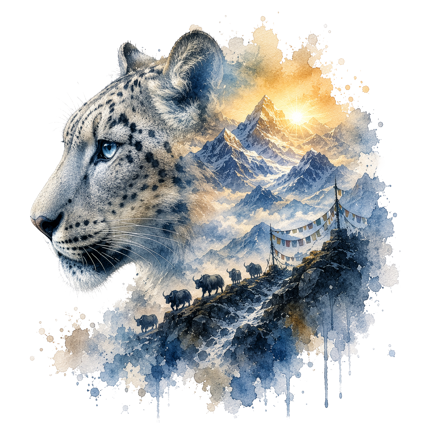 Watercolor-style design showing the side profile of a spotted big cat over a mountain landscape with a sunlit peak, blue-gray snow, a winding path, and small animal figures, all on a white background.