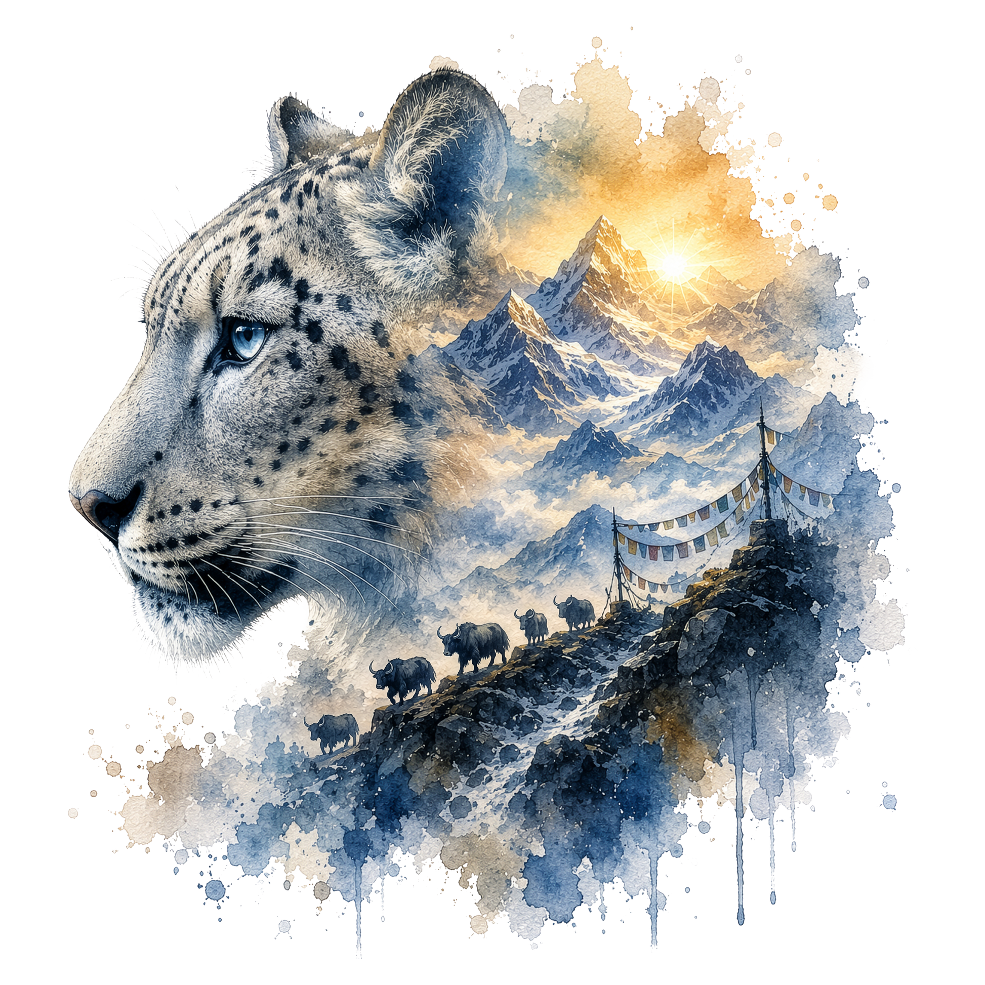 Watercolor-style design showing the side profile of a spotted big cat over a mountain landscape with a sunlit peak, blue-gray snow, a winding path, and small animal figures, all on a white background.