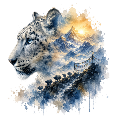 Watercolor-style design showing the side profile of a spotted big cat over a mountain landscape with a sunlit peak, blue-gray snow, a winding path, and small animal figures, all on a white background.