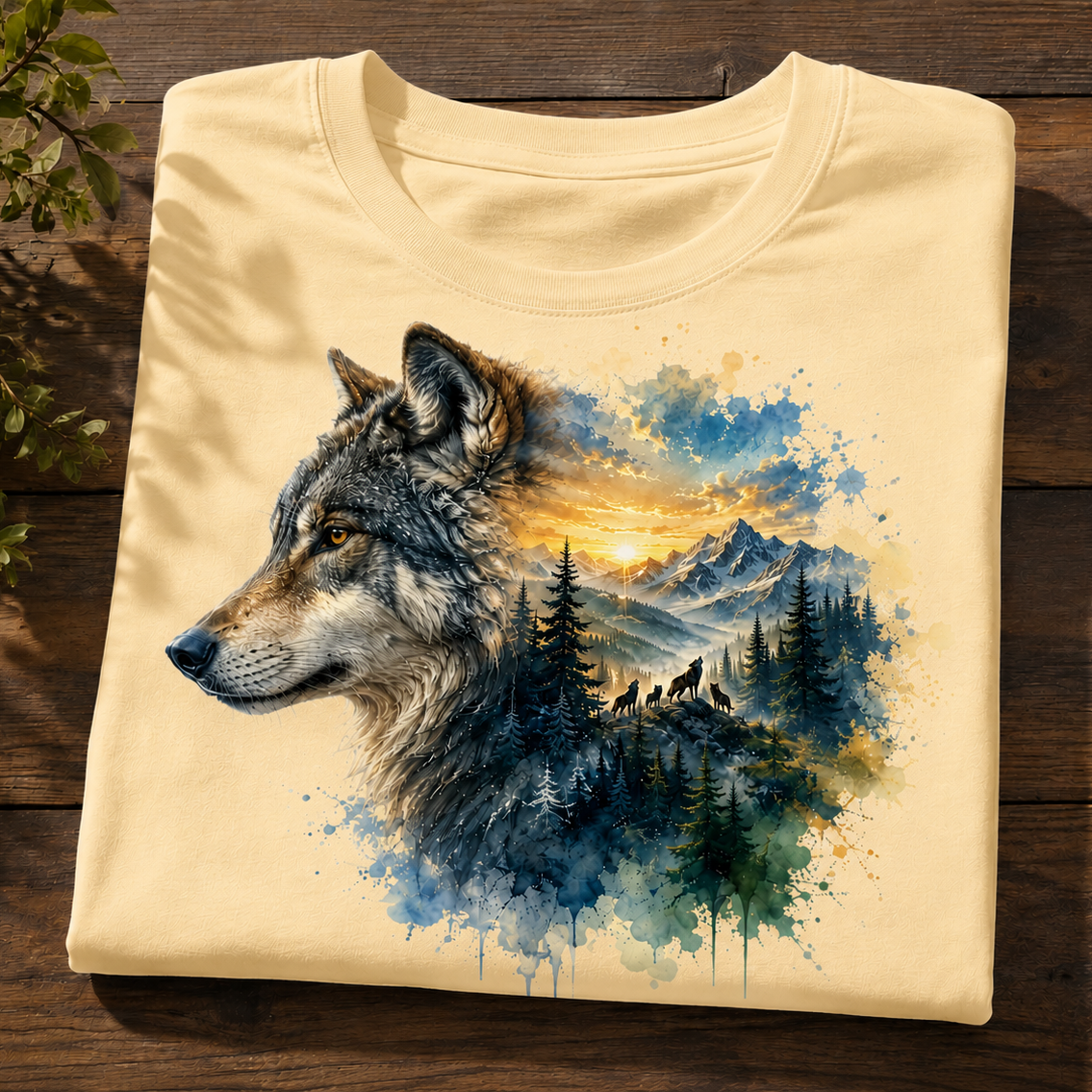 A folded butter colored t-shirt with a detailed graphic print of a wolf's head merging into a watercolor landscape of mountains, pine trees, and a sunset, displayed on a dark wooden surface.