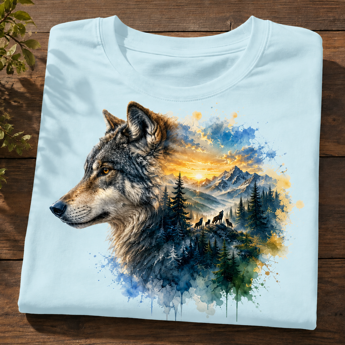 A folded light blue crewneck t-shirt with a detailed graphic print of a wolf's head merging into a watercolor landscape of mountains, pine trees, and a glowing sunset. The shirt is displayed flat on a dark wooden surface with a small green plant leaf in the top-left corner.