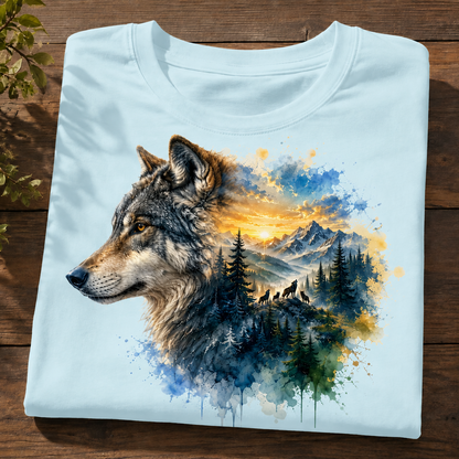 A folded light blue crewneck t-shirt with a detailed graphic print of a wolf's head merging into a watercolor landscape of mountains, pine trees, and a glowing sunset. The shirt is displayed flat on a dark wooden surface with a small green plant leaf in the top-left corner.