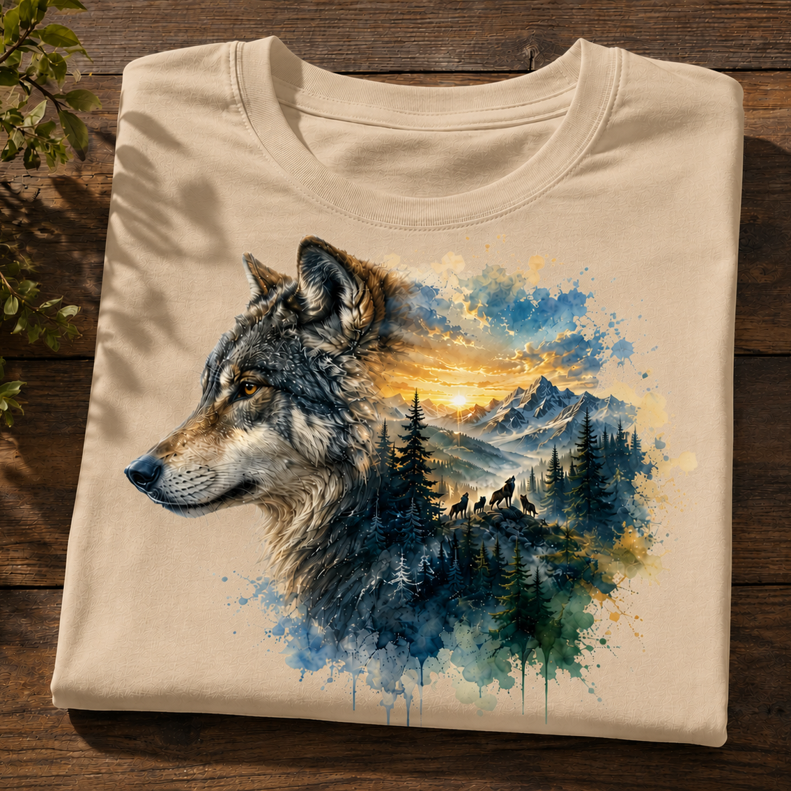 A sandstone crewneck t-shirt is neatly folded on a dark wooden surface, featuring a detailed graphic print of a wolf's head merging into a colorful watercolor landscape of mountains, pine trees, and a glowing sunset.