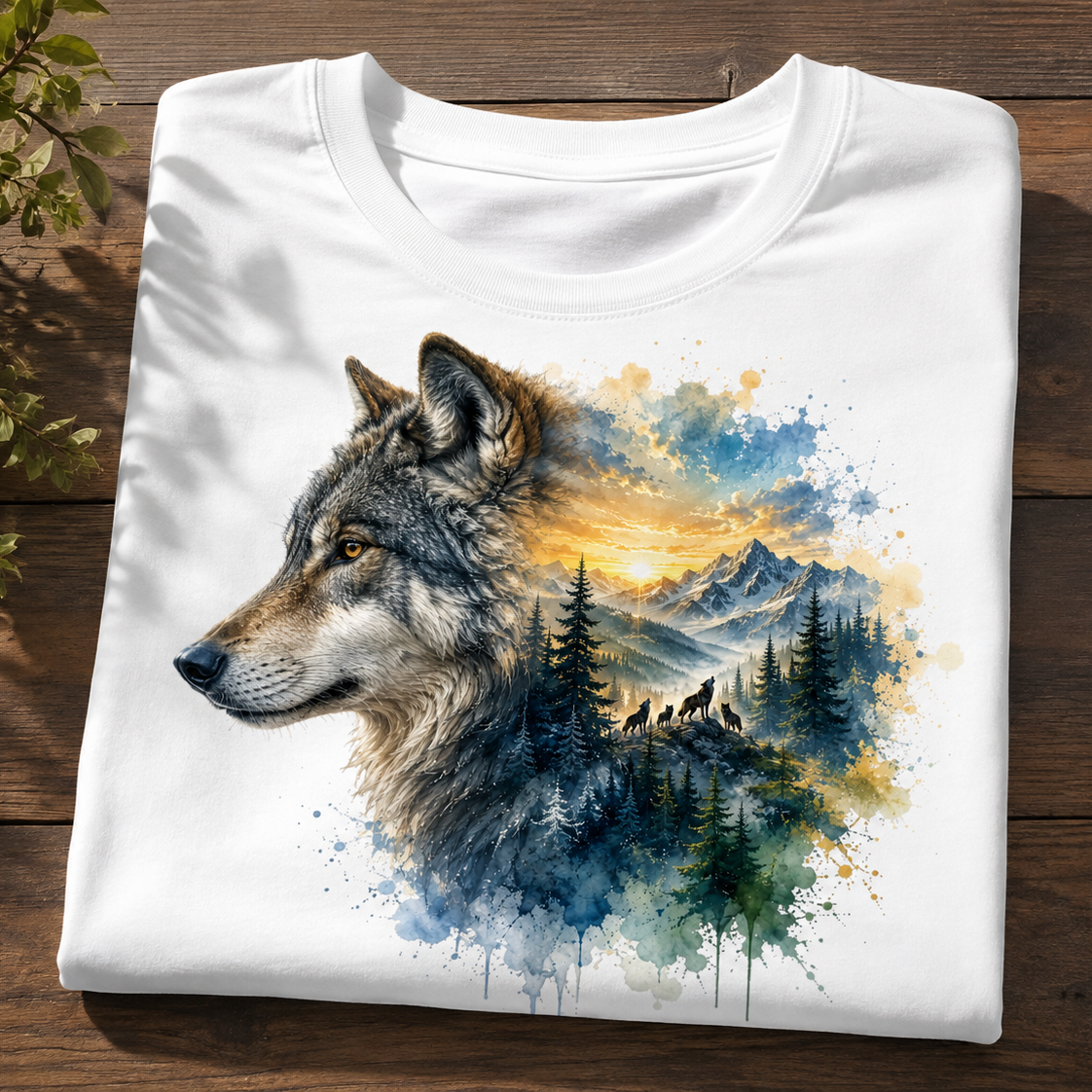A folded white crewneck t-shirt displayed on a dark wooden surface, featuring a detailed graphic print of a wolf's head merging into a watercolor landscape of mountains, pine trees, and a glowing sunset.