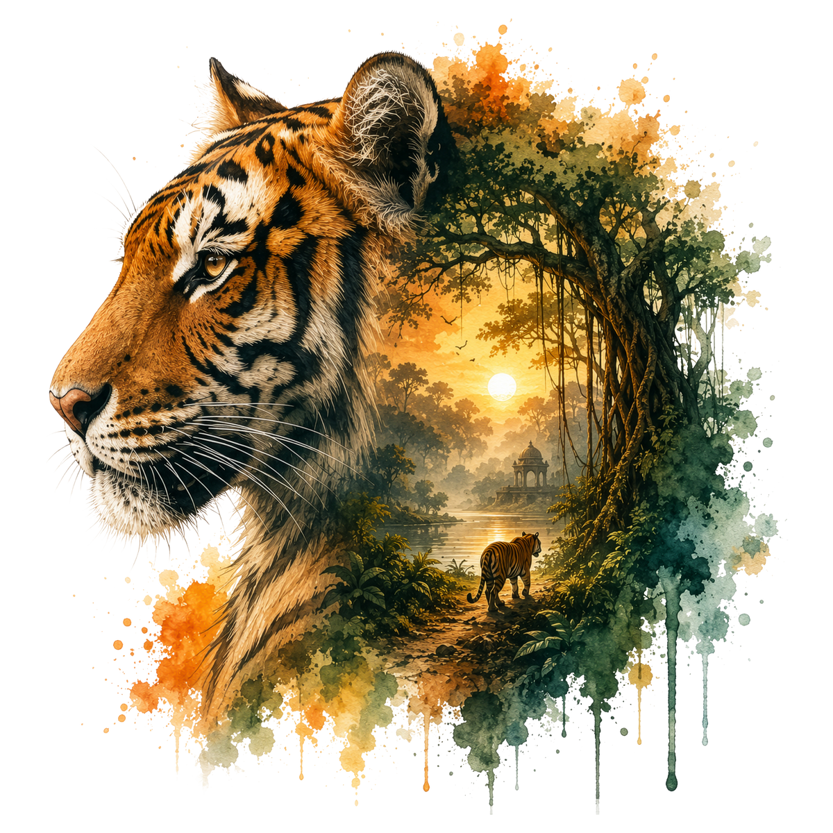 A stylized tiger head in profile on a white background, blending into a painted jungle scene with trees, water, a small pavilion, and another tiger near the sun.