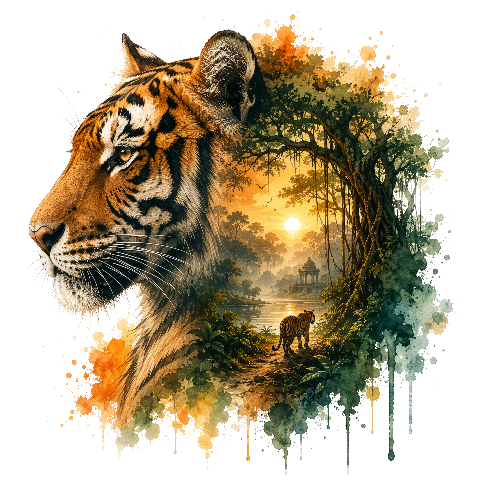 A stylized tiger head in profile on a white background, blending into a painted jungle scene with trees, water, a small pavilion, and another tiger near the sun.