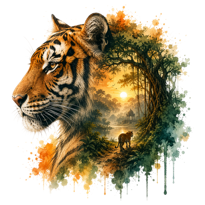 A stylized tiger head in profile on a white background, blending into a painted jungle scene with trees, water, a small pavilion, and another tiger near the sun.