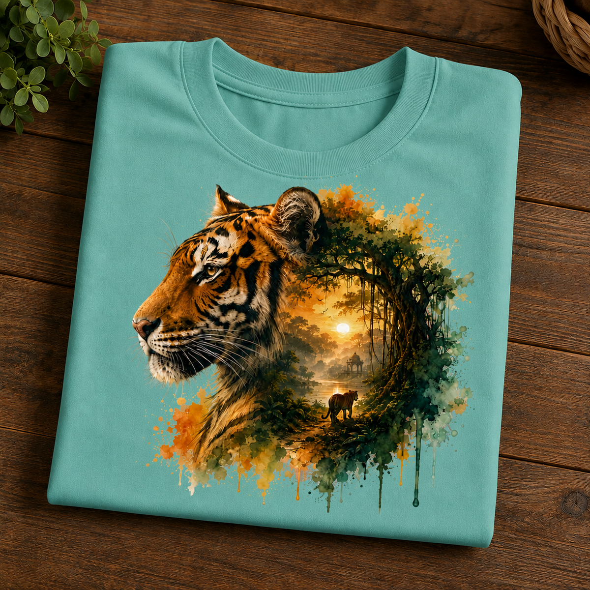 A folded chalky mint crewneck t-shirt with a detailed graphic print of a tiger's head integrated with a forest scene, displayed on a dark wood background.