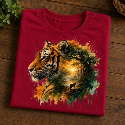 A folded crimson crewneck t-shirt with a detailed graphic print of a tiger's head merging into a forest scene, displayed on a dark wooden surface.