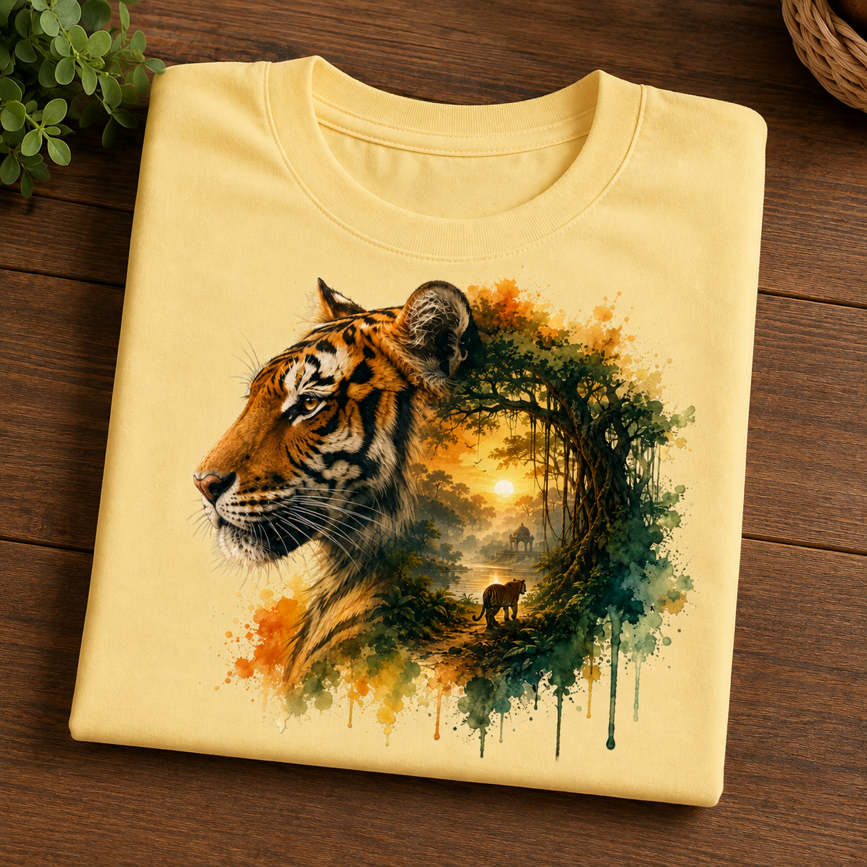 A folded pale butter T-shirt laid flat on a dark wood surface, featuring a large printed design of a tiger's head merging into a forest scene with watercolor-style orange, green, and brown tones.