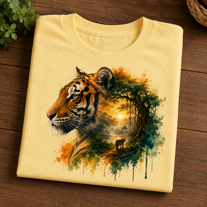 A folded pale butter T-shirt laid flat on a dark wood surface, featuring a large printed design of a tiger's head merging into a forest scene with watercolor-style orange, green, and brown tones.