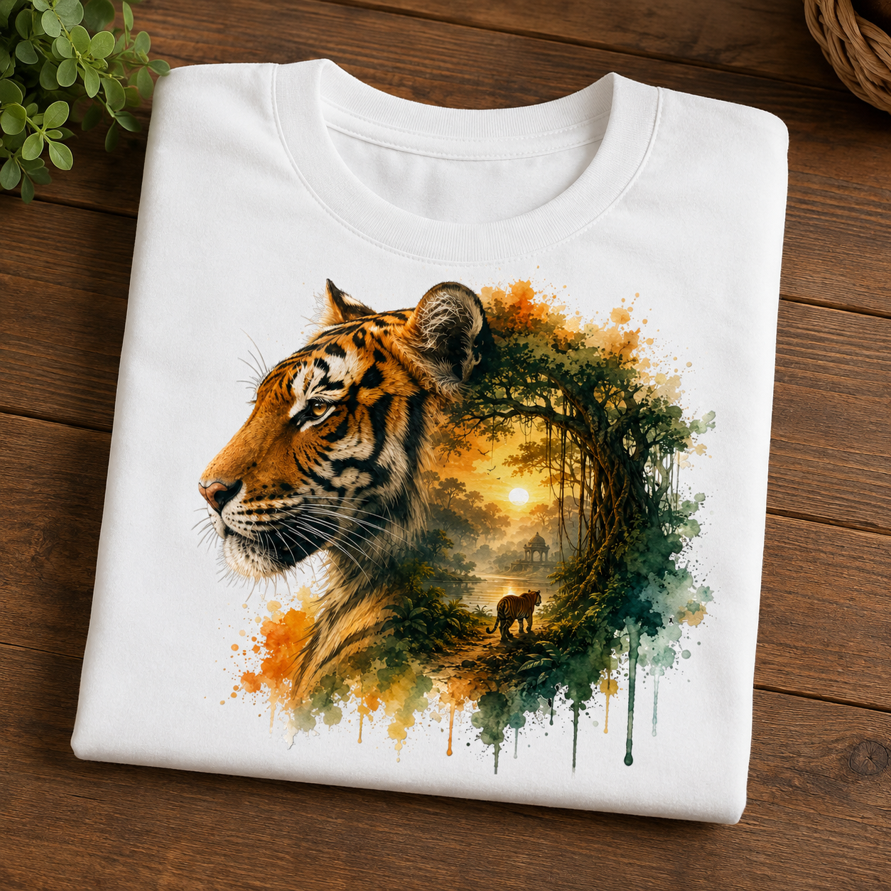 A folded white crewneck t-shirt displayed on a dark wooden surface. The shirt features a detailed graphic print of a tiger's head in profile, blending into a circular forest scene with a small bear under a glowing sun.