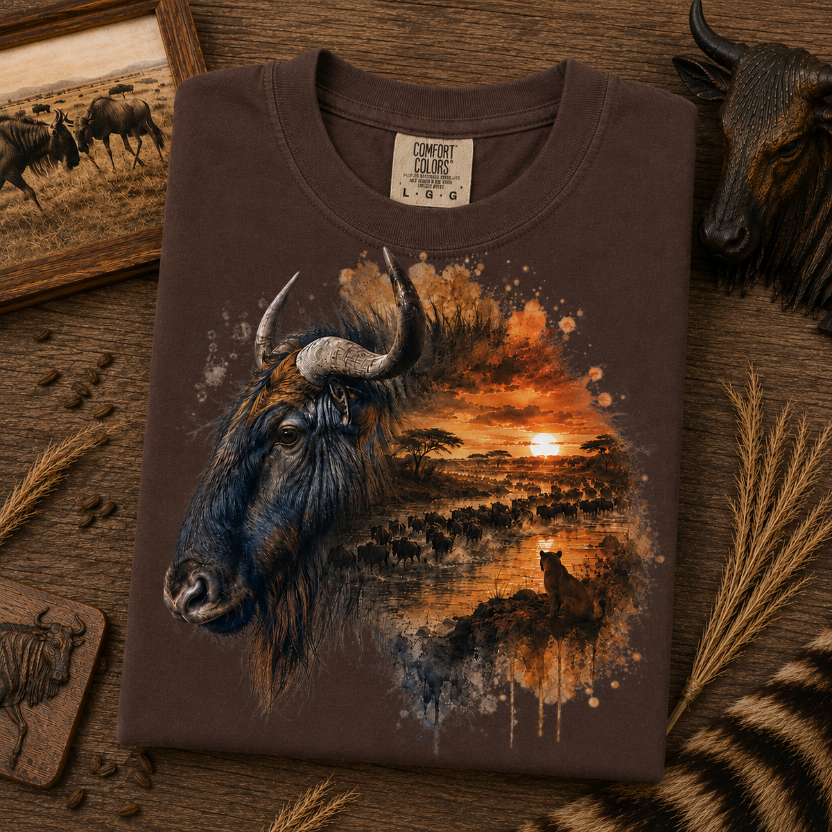 An expresso colored crewneck t-shirt with a detailed graphic print of a blue wildebeest head merging into an African savanna sunset scene, presented in a rustic flat-lay setting.