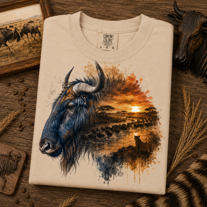 A folded sandstone colored Comfort Colors t-shirt with a detailed graphic print of a blue wildebeest merging into a sunset savanna scene, displayed on a rustic wooden background with safari-themed props.