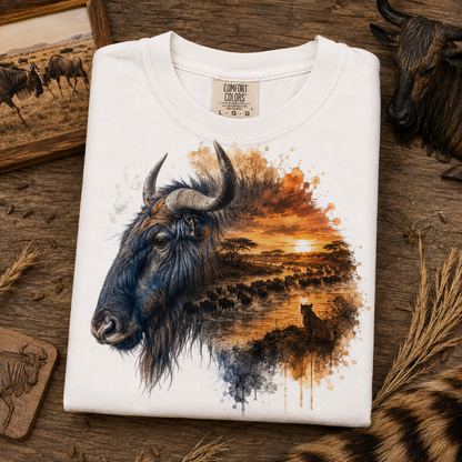 A folded white Comfort Colors t-shirt with a detailed graphic print of a wildebeest and savanna sunset, displayed on a rustic wooden surface with safari-themed props.