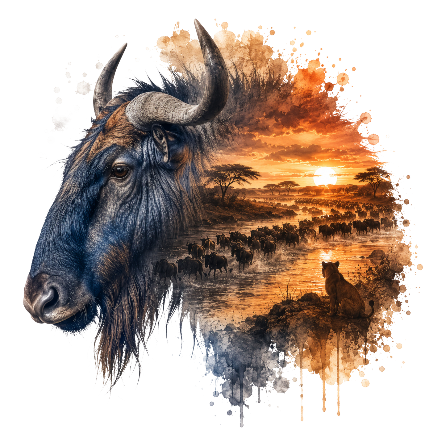 A stylized wildlife artwork featuring a close-up side profile of a blue wildebeest on the left, blending into a savanna sunset scene with a herd of wildebeests, trees, and a lion on the right. The composition uses warm orange and brown sunset tones against a white background.