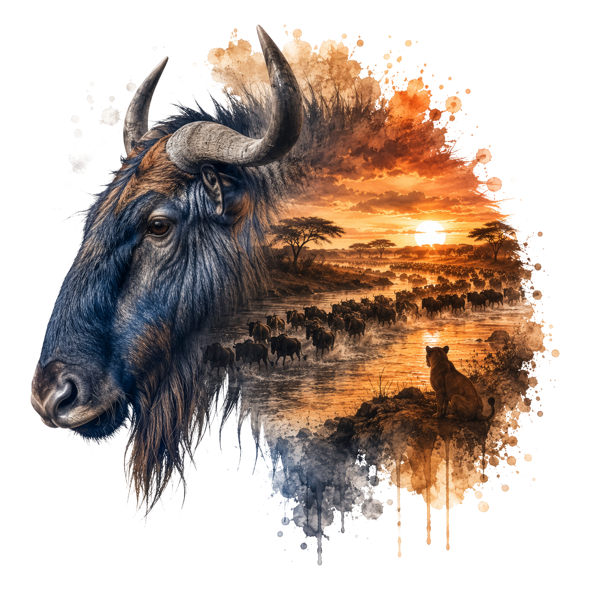 A stylized wildlife artwork featuring a close-up side profile of a blue wildebeest on the left, blending into a savanna sunset scene with a herd of wildebeests, trees, and a lion on the right. The composition uses warm orange and brown sunset tones against a white background.