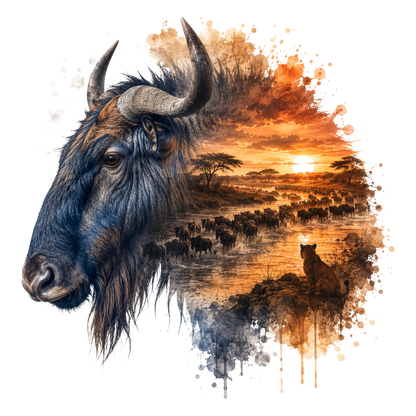 A stylized wildlife artwork featuring a close-up side profile of a blue wildebeest on the left, blending into a savanna sunset scene with a herd of wildebeests, trees, and a lion on the right. The composition uses warm orange and brown sunset tones against a white background.