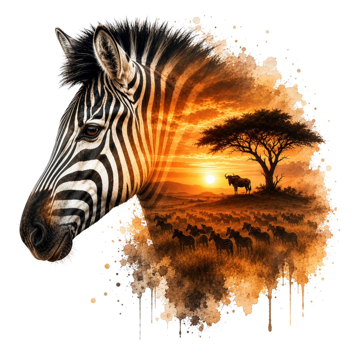 A stylized zebra head in profile blends into an African savanna sunset scene with a tree, herd of animals, and a bright sun, rendered in black, white, and warm orange-brown tones on a white background.