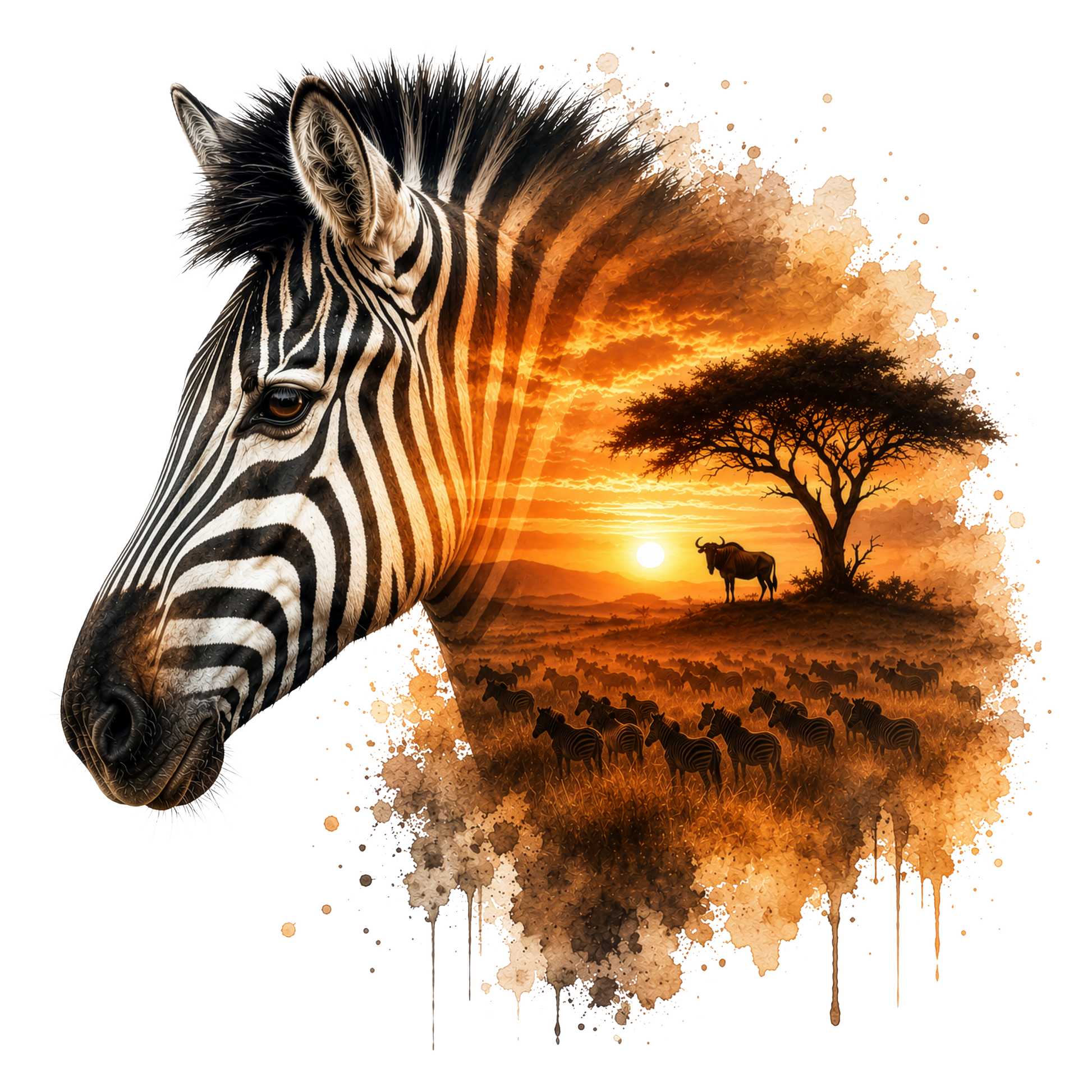 A stylized zebra head in profile blends into an African savanna sunset scene with a tree, herd of animals, and a bright sun, rendered in black, white, and warm orange-brown tones on a white background.