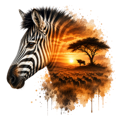 A stylized zebra head in profile blends into an African savanna sunset scene with a tree, herd of animals, and a bright sun, rendered in black, white, and warm orange-brown tones on a white background.