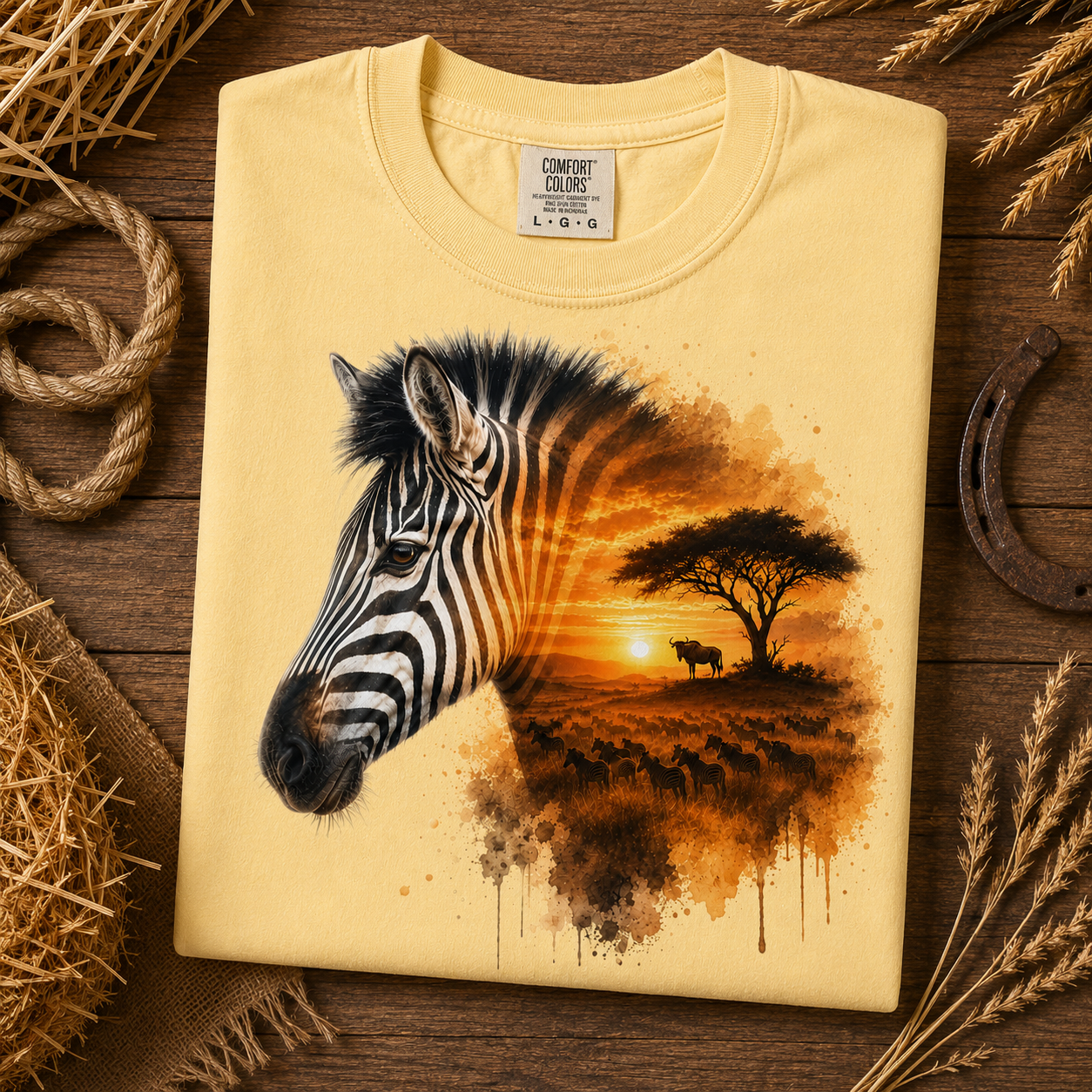 A folded butter colored t-shirt with a graphic print of a zebra head merging into an African savanna sunset scene, displayed on a rustic wooden background with straw and burlap props.