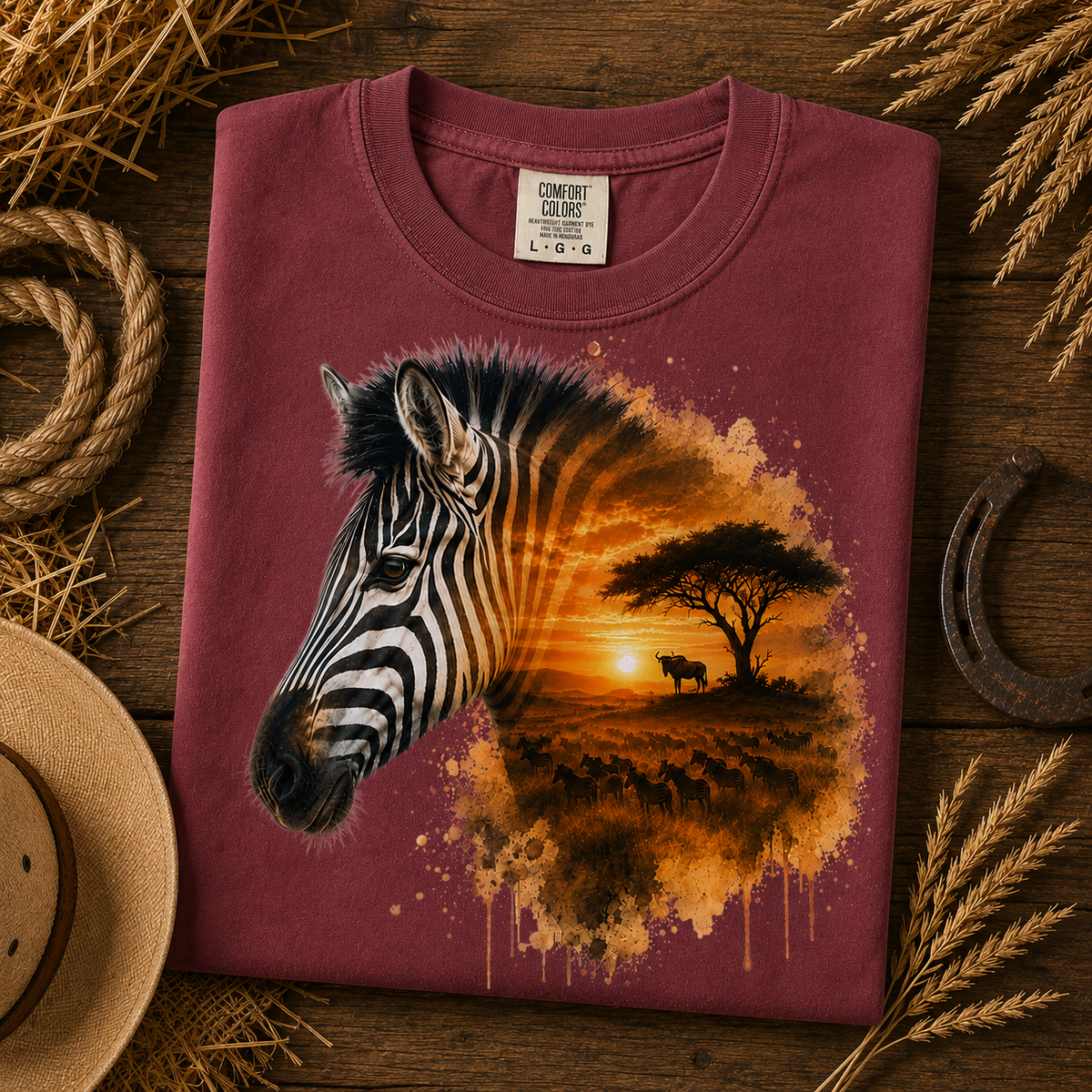 A folded chili colored t-shirt with a graphic print of a zebra head merging into an African savanna sunset scene, styled on a rustic wooden background with straw, rope, wheat, and a horseshoe.