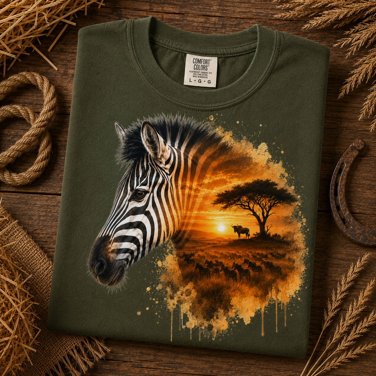 An sage green Comfort Colors t-shirt laid flat on a rustic wooden surface, surrounded by decorative straw, rope, burlap, and a horseshoe. The shirt features a graphic print of a zebra head merging into an African savanna sunset scene with an acacia tree and a buffalo.