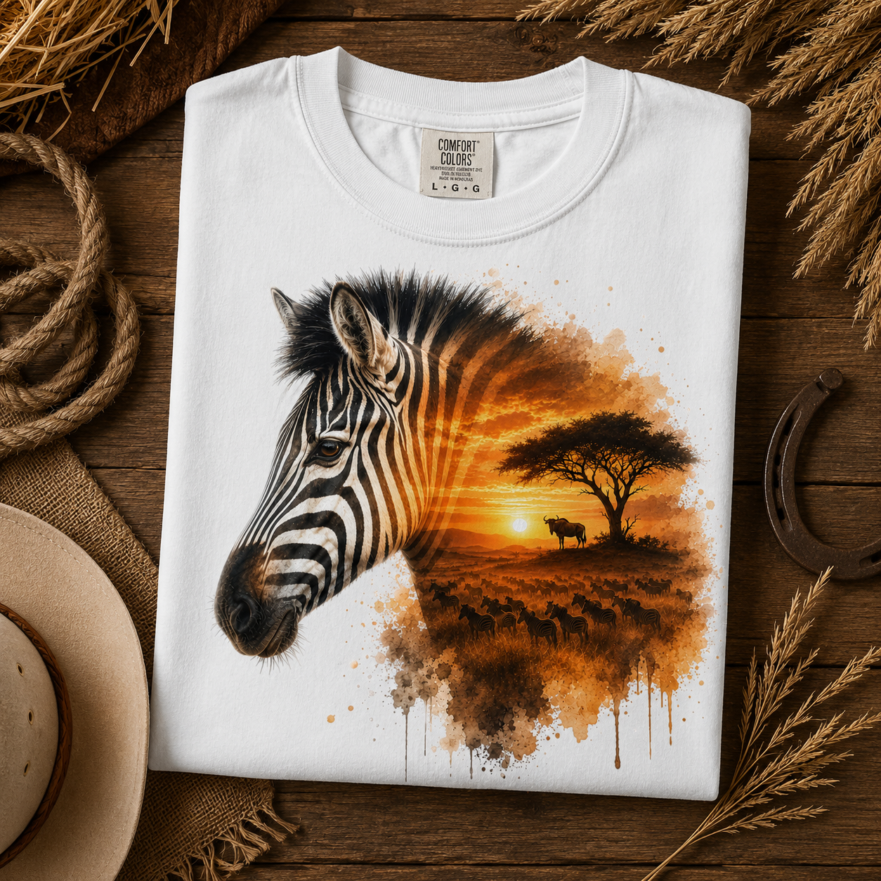 A white Comfort Colors t-shirt laid flat on a rustic wooden surface, decorated with rope, straw, a hat edge, and a horseshoe. The shirt features a graphic print of a zebra head merging into an African savanna sunset scene with a cow and acacia tree.