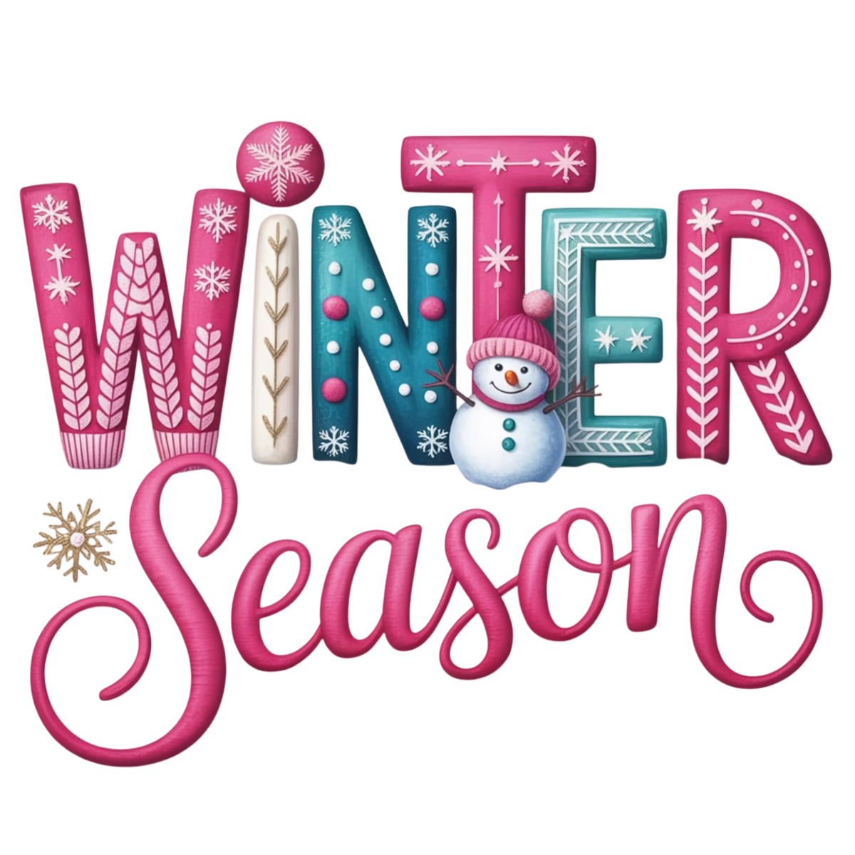A decorative holiday graphic reading “WINTER Season” in stylized letters. The word “WINTER” is spelled out in large patterned letters in pink, teal, white, and cream, with a small snowman nestled among the letters.