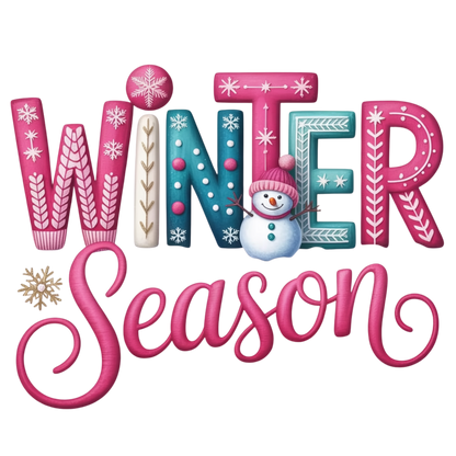 A decorative holiday graphic reading “WINTER Season” in stylized letters. The word “WINTER” is spelled out in large patterned letters in pink, teal, white, and cream, with a small snowman nestled among the letters.