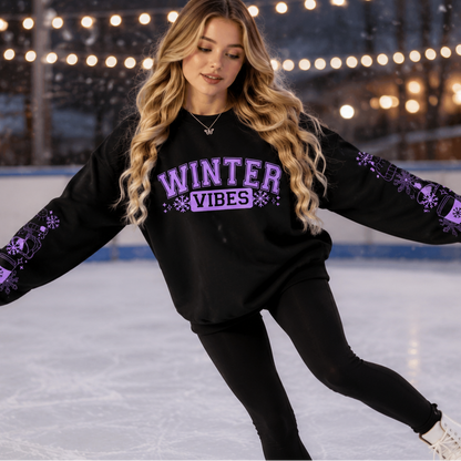 Woman wearing a black sweatshirt with Winter Vibes text in Purple with sleeve designs
