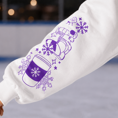 White sweatshirt sleeve with purple graphic design of a snowman and snowflakes