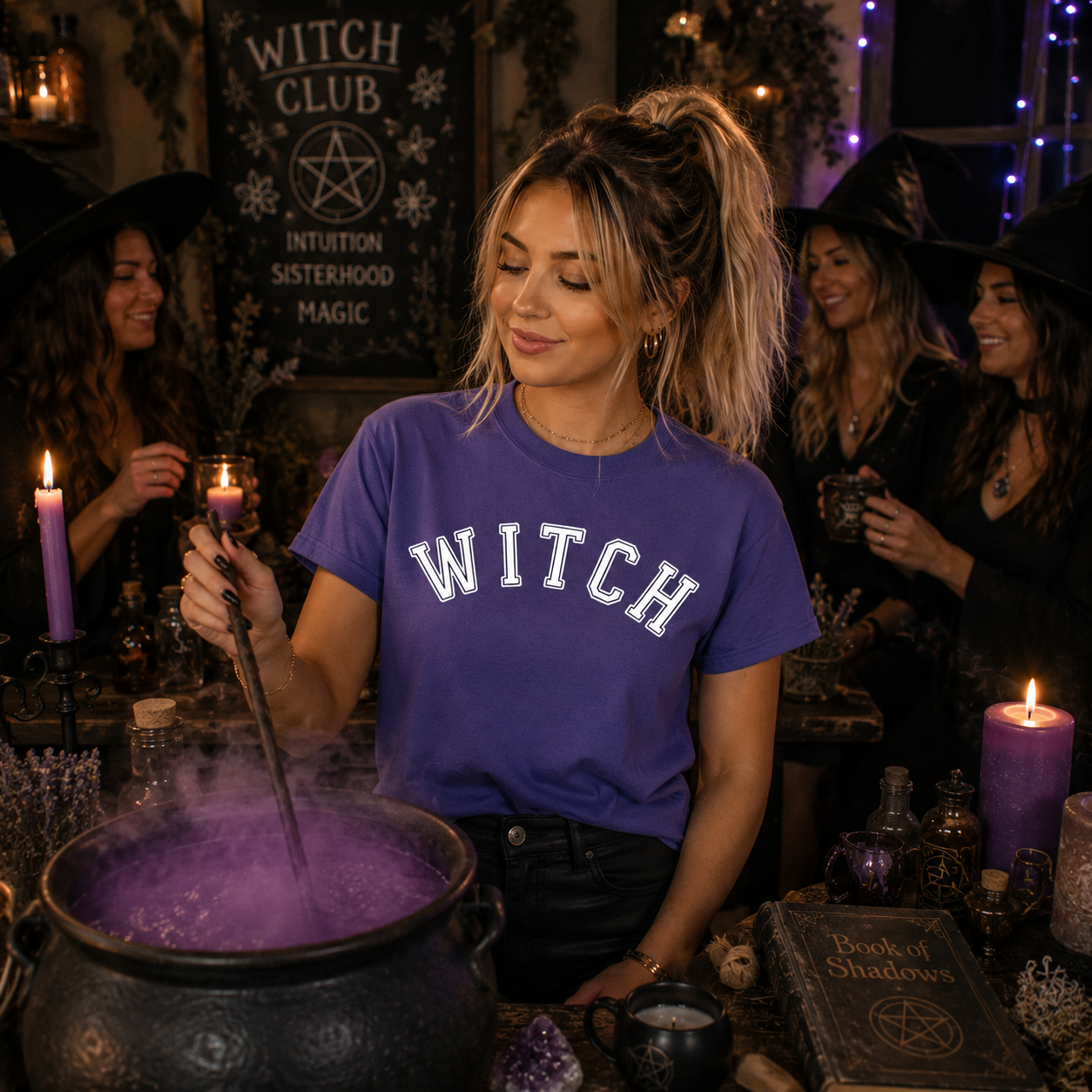 Woman in a 'Witch' t-shirt stirring a purple potion in a cauldron with Halloween decorations in the background.