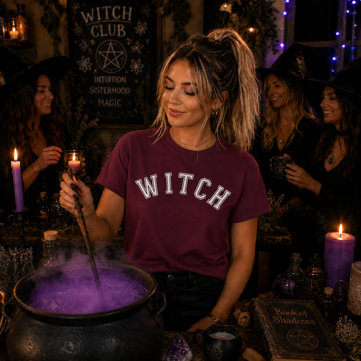 Woman in a 'Witch' shirt stirring a purple potion in a cauldron with Halloween decorations.