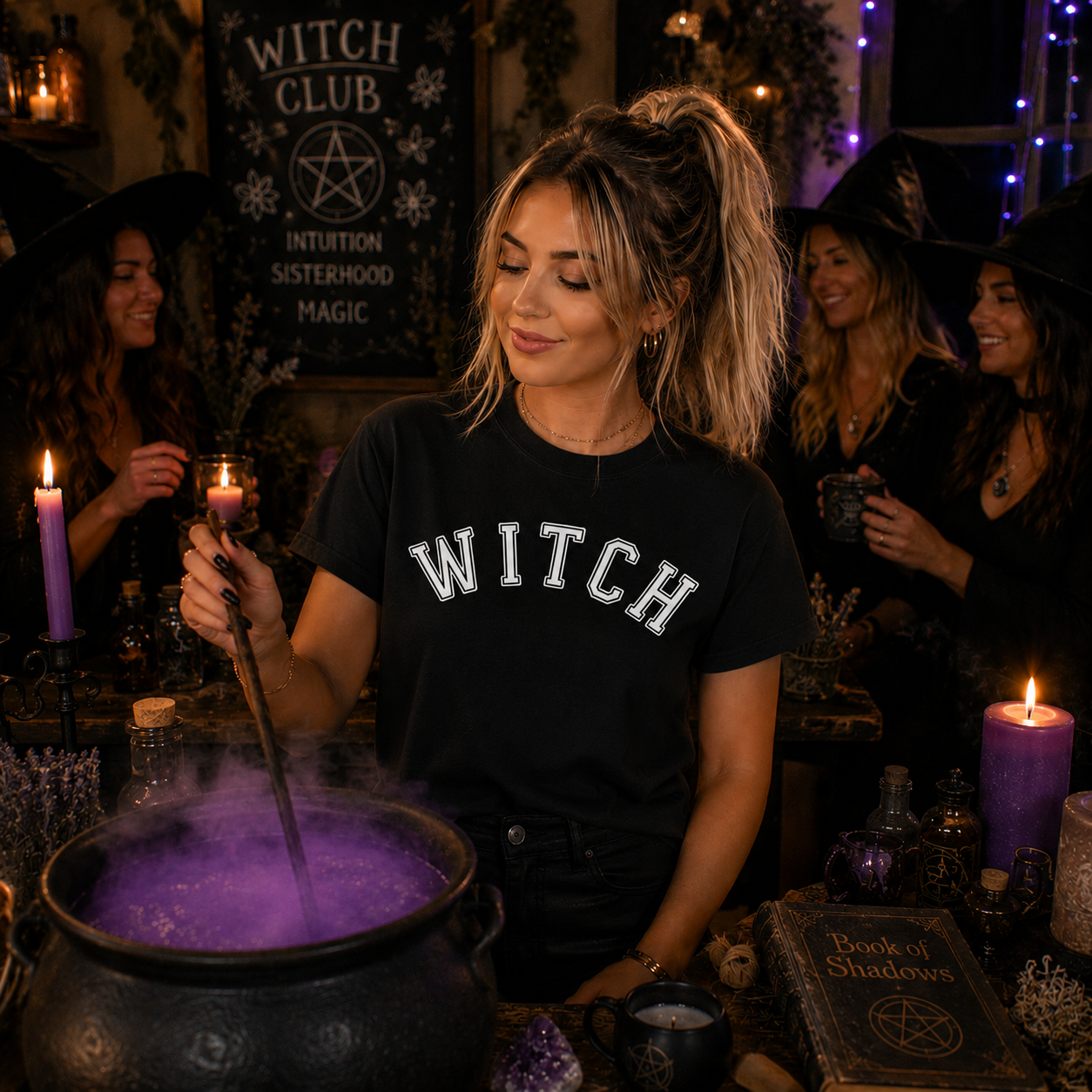 Woman in a 'Witch' shirt stirring a purple potion in a cauldron with Halloween decorations in the background.