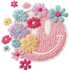 Yarn smiley face with flowers graphic t-shirt — cute retro happy face tee