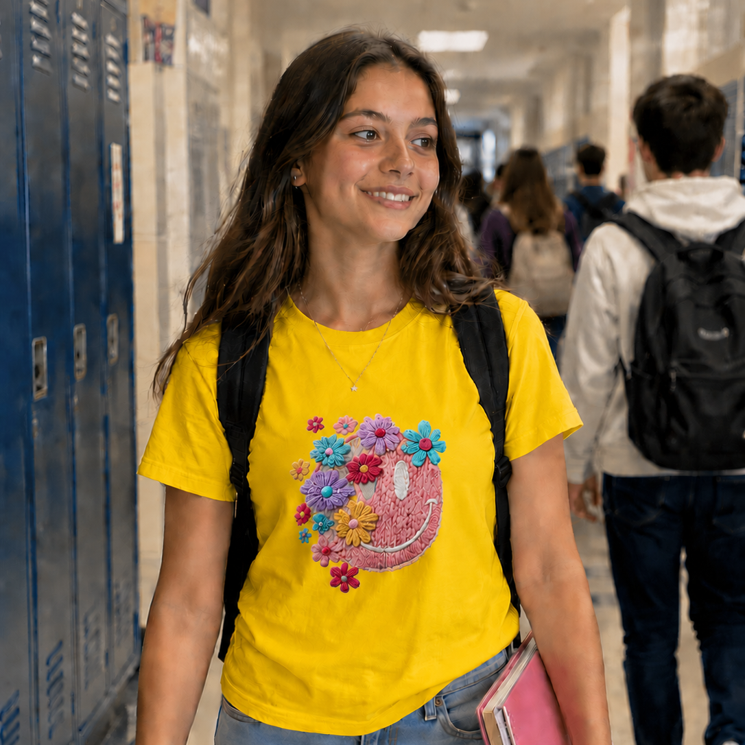 Girl wearing a daisycolored t-shirt with a colorful smiley face design, walking in a school hallway.