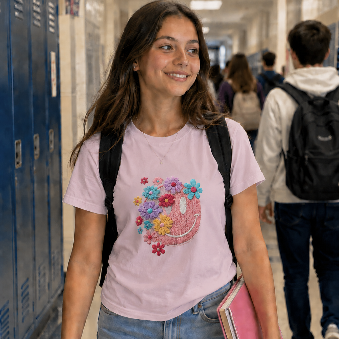 Girl wearing a light pink t-shirt with a colorful smiley face design, walking in a school hallway.