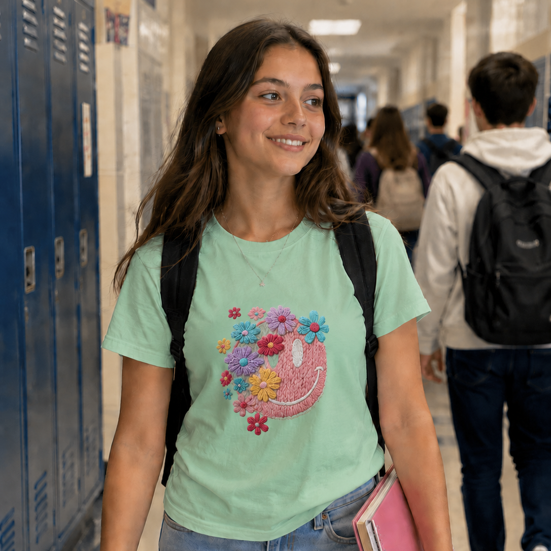 Girl wearing a mint green t-shirt with a colorful smiley face design, walking in a school hallway.