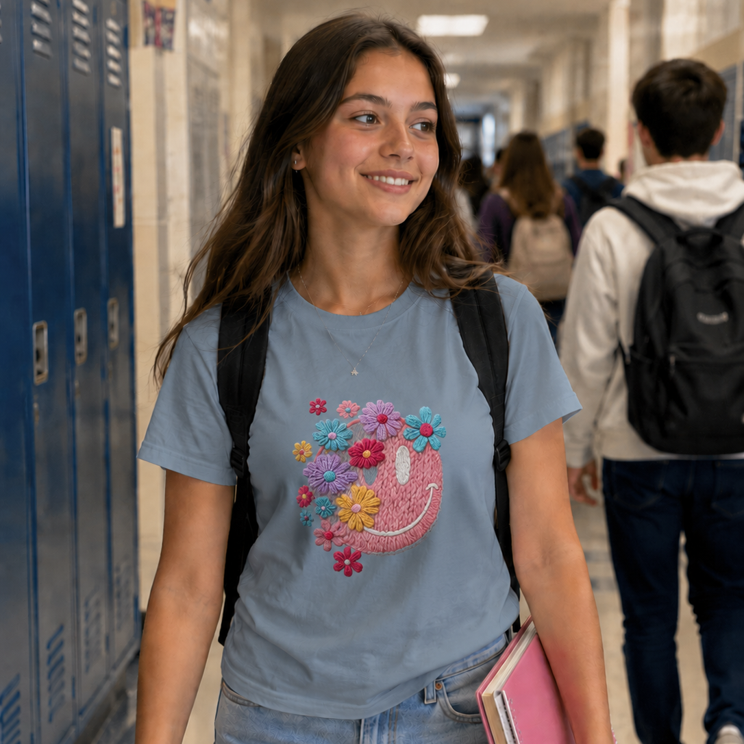 Girl wearing a stone blue t-shirt with a colorful smiley face design, walking in a school hallway.