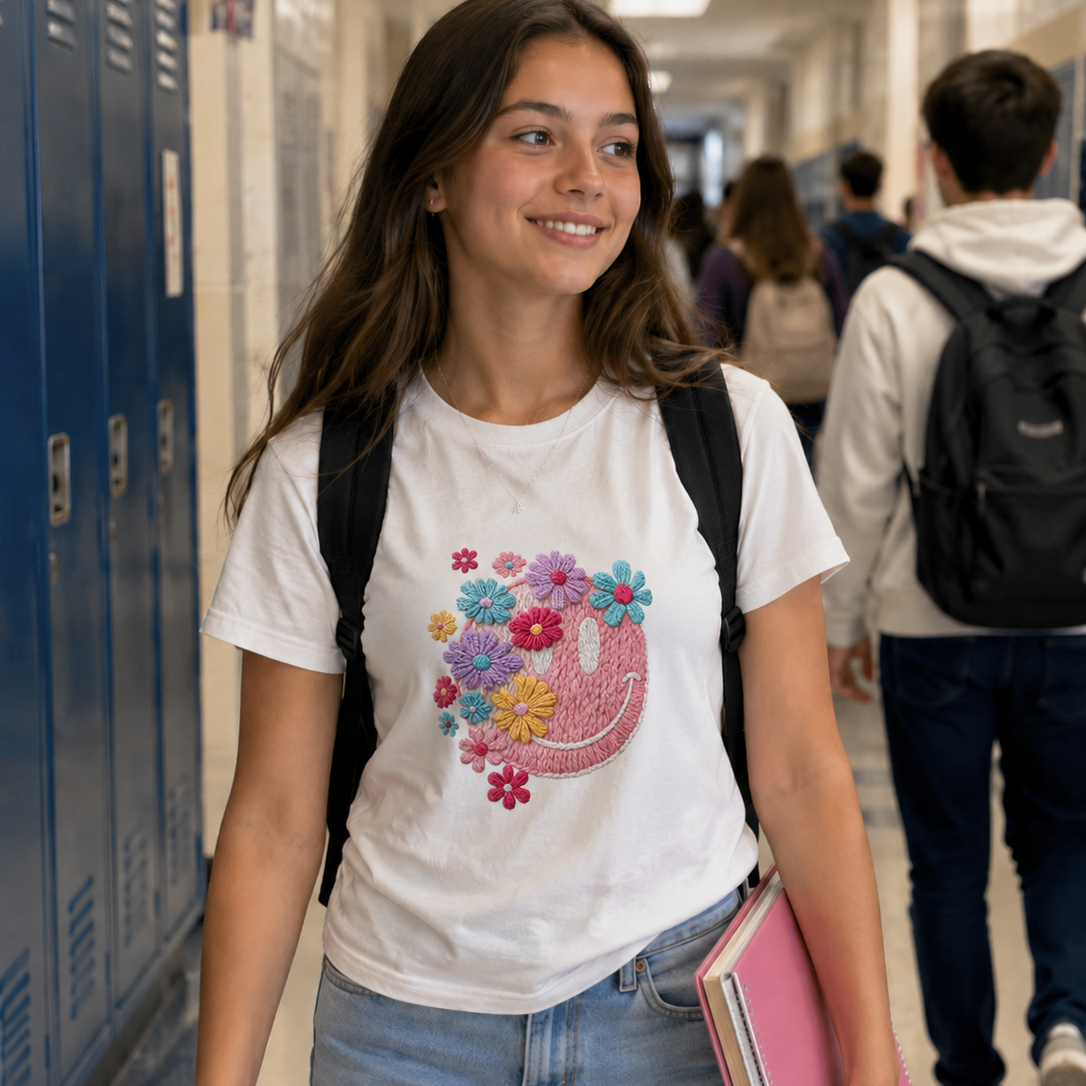 Girl wearing a white t-shirt with a colorful smiley face design, walking in a school hallway.