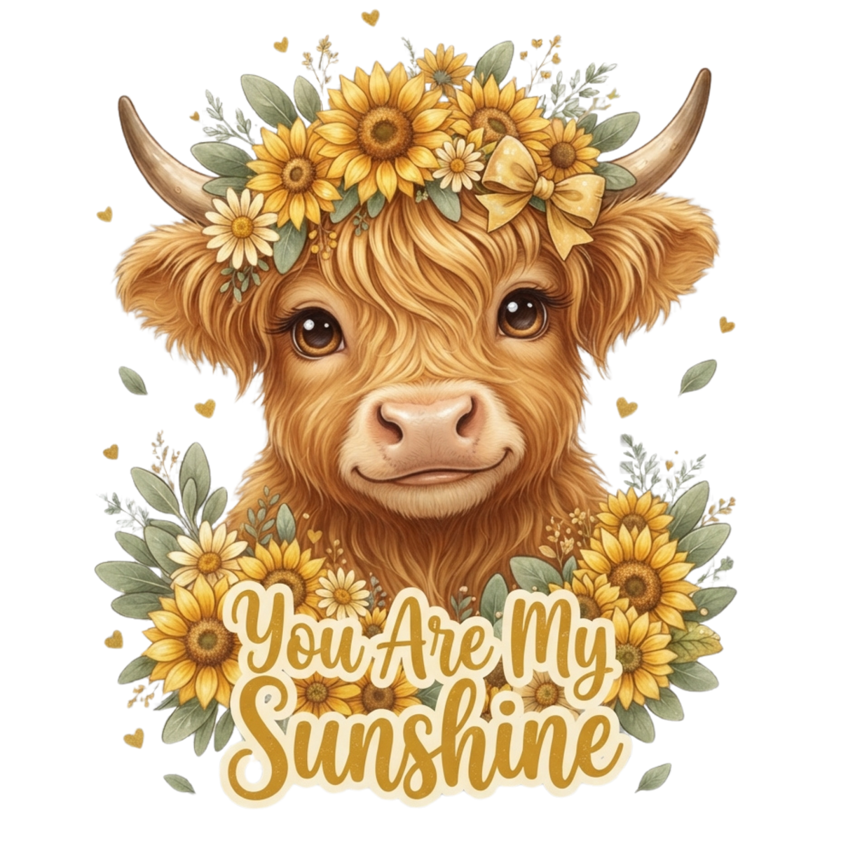 A fluffy brown highland cow with sunflower and greenery in its horns, surrounded by yellow sunflowers, leaves, and the phrase “You Are My Sunshine” in large decorative lettering on a white background.
